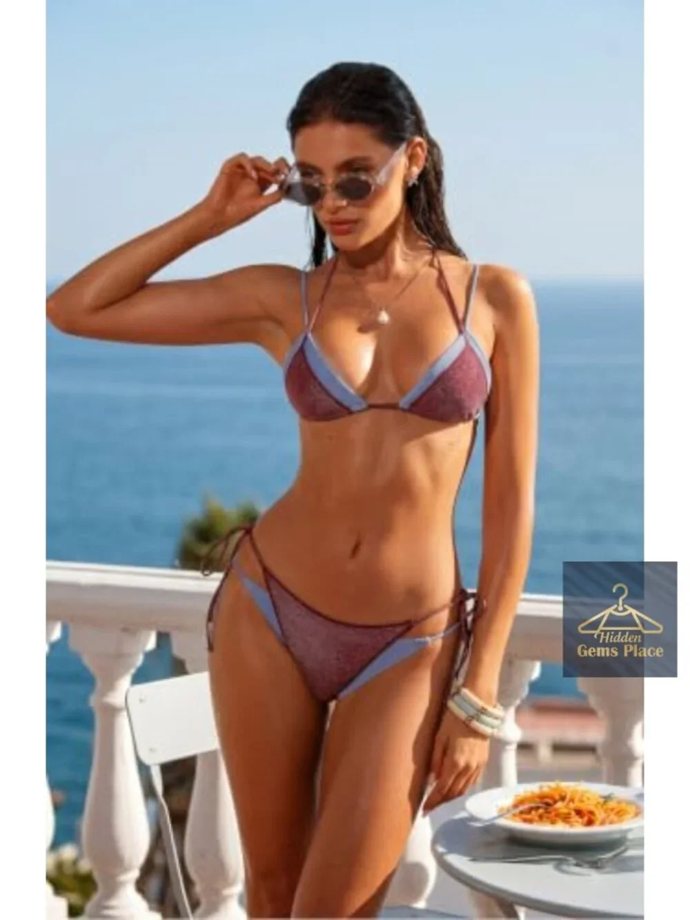 Sexy Halter Triangle Bikini Set String Thong Two Piece Swimwear Metallic